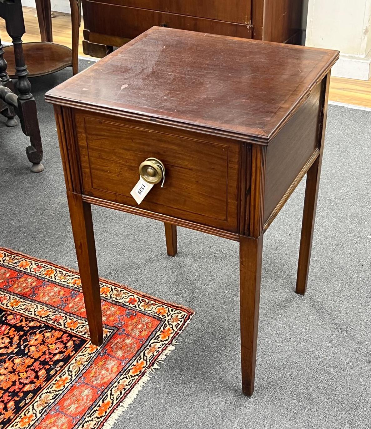 A 19th century style mahogany side table, fitted drawer on square tapered legs, width 50cm, depth 49cm, height 71cm